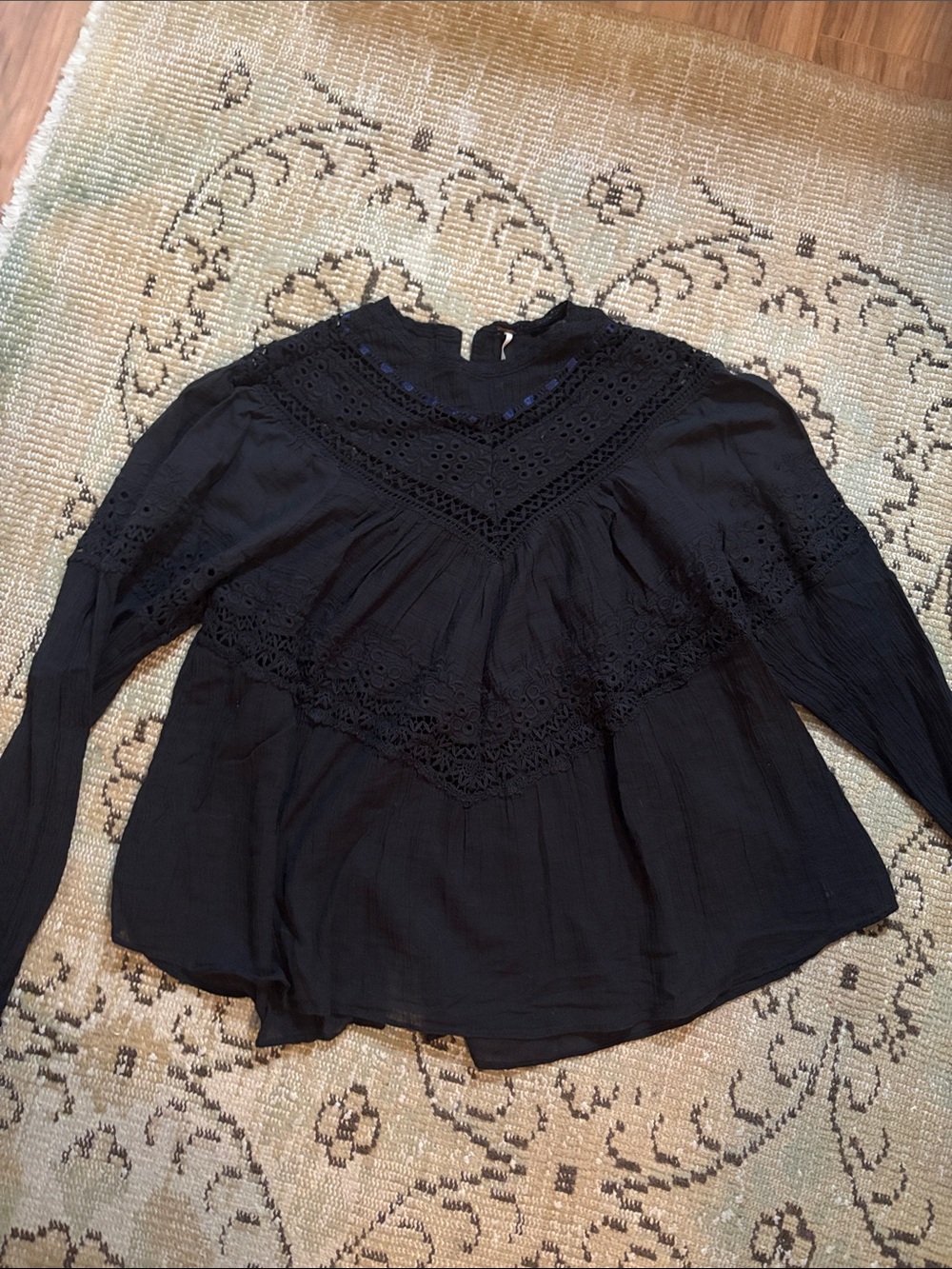 Free People Black Crochet Yoke Blouse